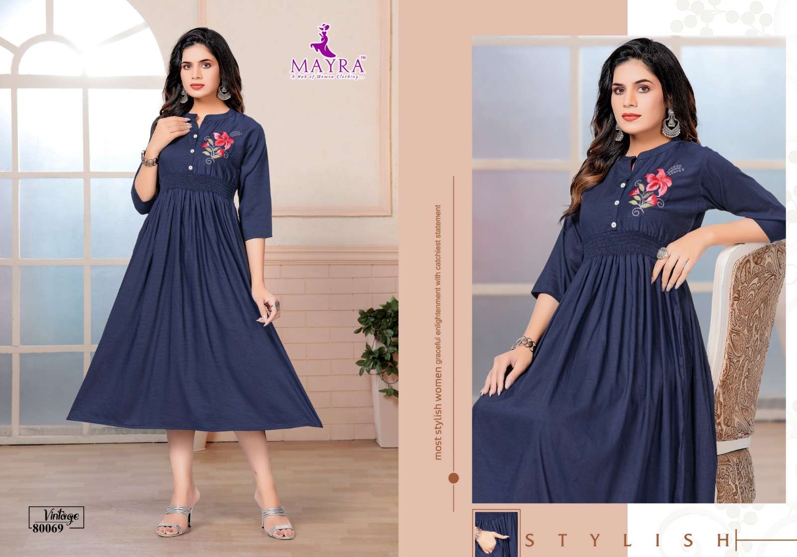 MAYRA - VINTAGE - FANCY BOMBAY VISCOSE LYCRA FABRICS EMBROYDREY WORK UMBRELLA TOP WITH SMOKE WORK CONCEPT-80069